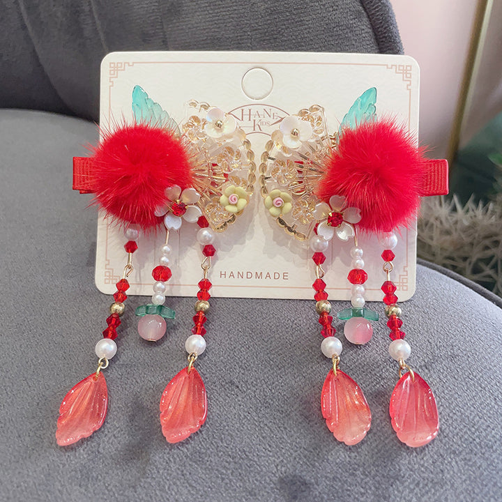 Chinese New Year CNY Red Baby kids Girl's Crystal Beads Head Clips Hair Accessories - quixoticmuses