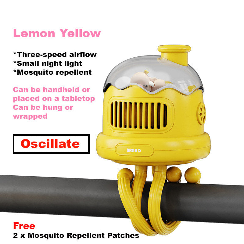 Baby Kids Leafless Oscillating Mini Three-speed Airflow Night Light Mosquito Repellent Stroller Fan - quixoticmuses