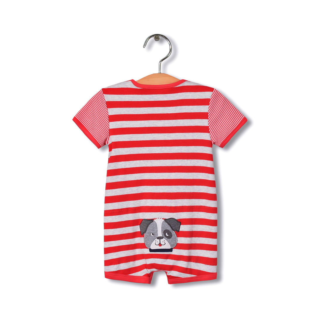 Baby Boy Red Stripe Romper w Embroidered Puppy - quixoticmuses