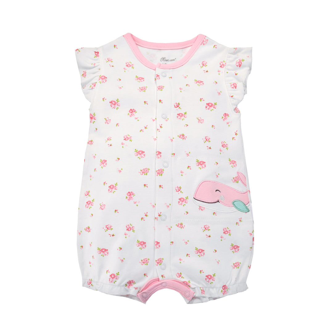 Baby Girl Romper Rose Prints w Embroidered Pink Whale - quixoticmuses