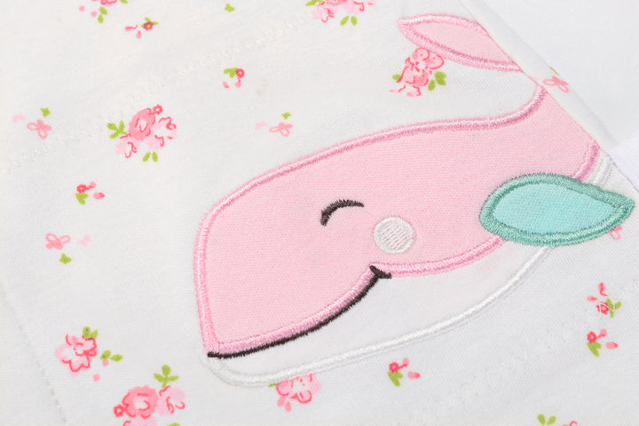 Baby Girl Romper Rose Prints w Embroidered Pink Whale - quixoticmuses