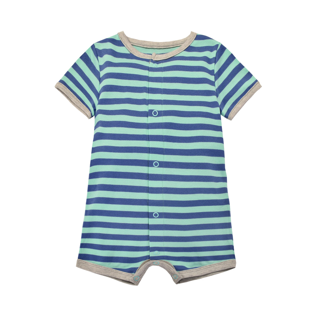 Baby Boy Green Stripe Romper w Embroidered Rocket - quixoticmuses