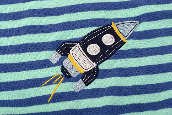 Baby Boy Green Stripe Romper w Embroidered Rocket - quixoticmuses