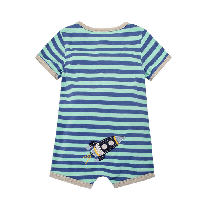 Baby Boy Green Stripe Romper w Embroidered Rocket - quixoticmuses