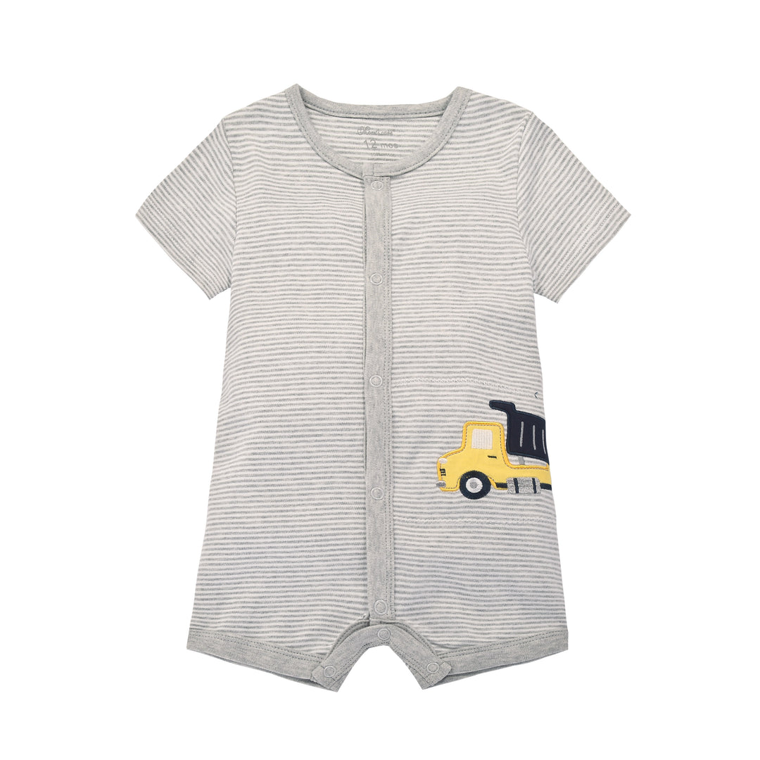 Baby Boy Grey Stripe Romper w Embroidered Truck - quixoticmuses