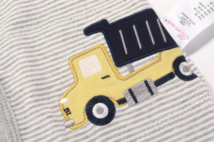 Baby Boy Grey Stripe Romper w Embroidered Truck - quixoticmuses