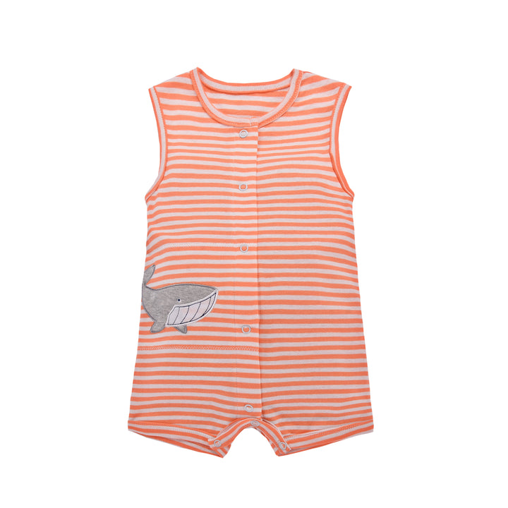 Baby Boy Sleeveless Orange Stripe Romper w Embroidered Shark - quixoticmuses