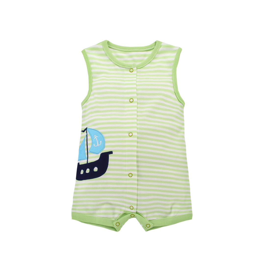 Baby Boy Sleeveless Green Stripe Romper w Embroidered Boat - quixoticmuses