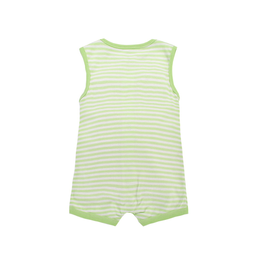 Baby Boy Sleeveless Green Stripe Romper w Embroidered Boat - quixoticmuses