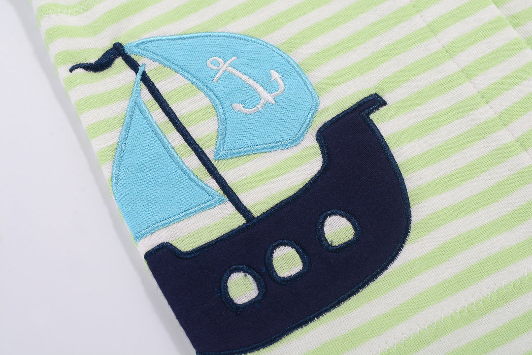 Baby Boy Sleeveless Green Stripe Romper w Embroidered Boat - quixoticmuses