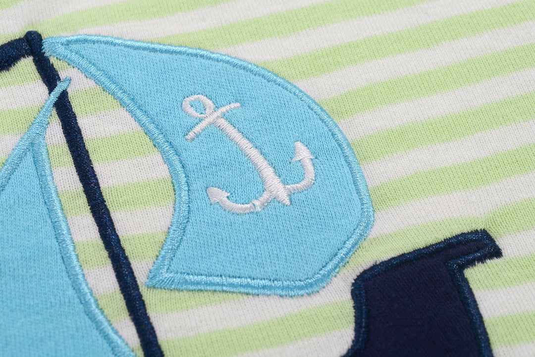 Baby Boy Sleeveless Green Stripe Romper w Embroidered Boat - quixoticmuses