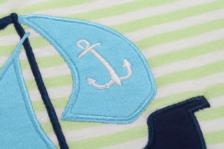 Baby Boy Sleeveless Green Stripe Romper w Embroidered Boat - quixoticmuses