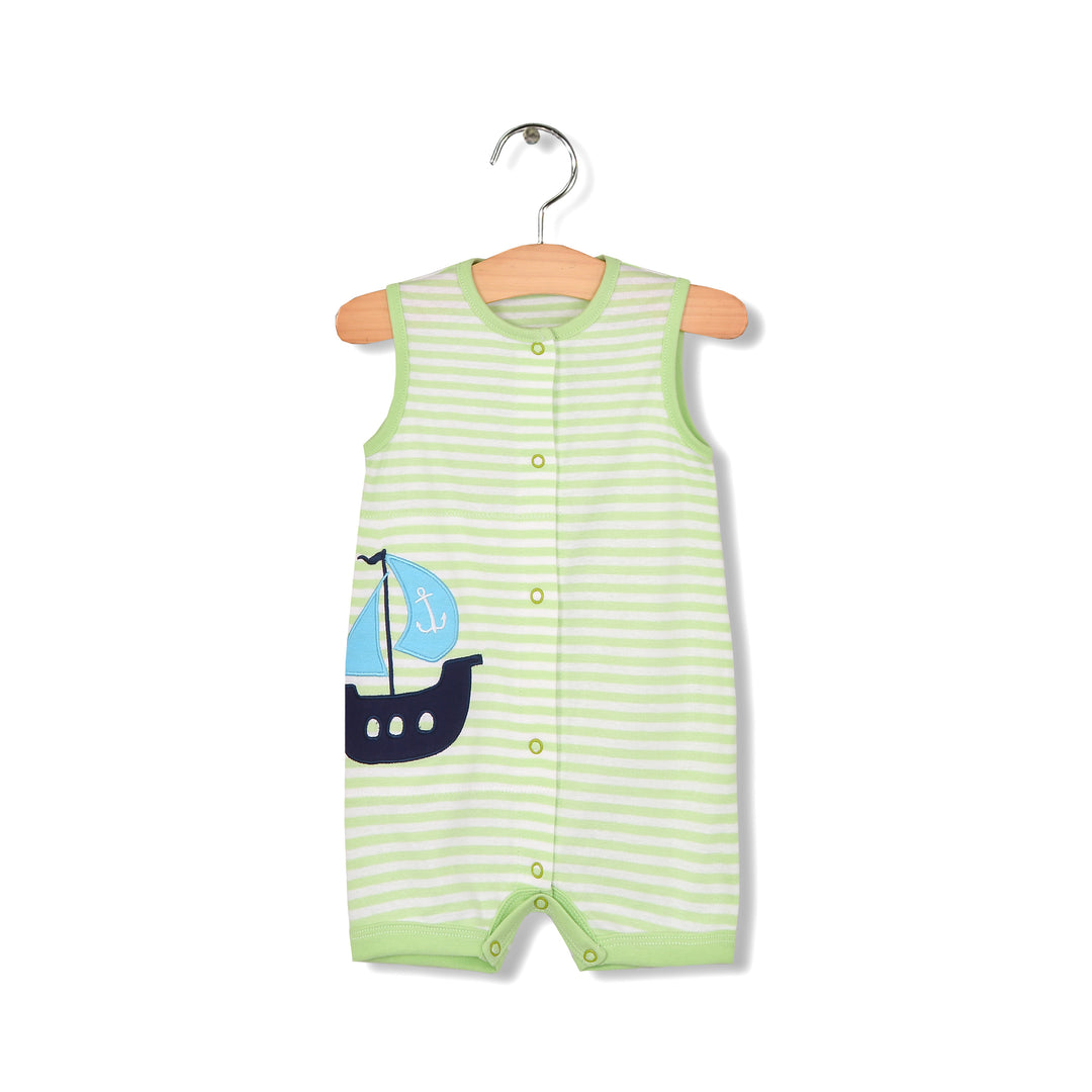 Baby Boy Sleeveless Green Stripe Romper w Embroidered Boat - quixoticmuses