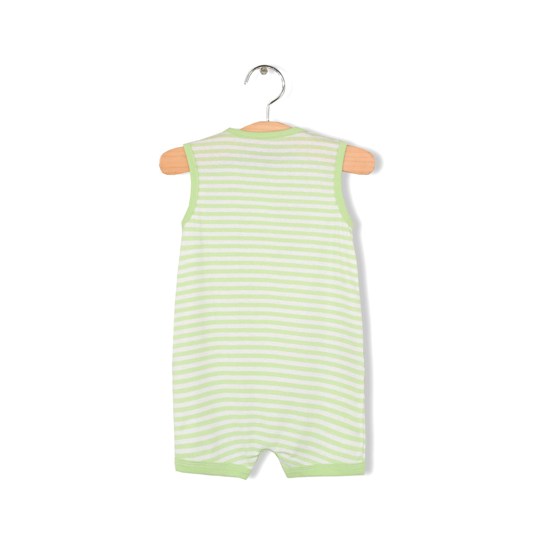 Baby Boy Sleeveless Green Stripe Romper w Embroidered Boat - quixoticmuses