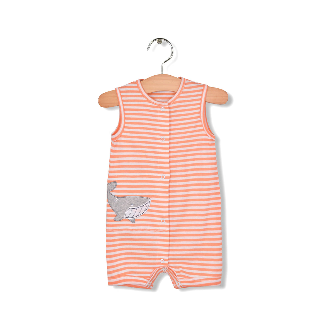 Baby Boy Sleeveless Orange Stripe Romper w Embroidered Shark - quixoticmuses