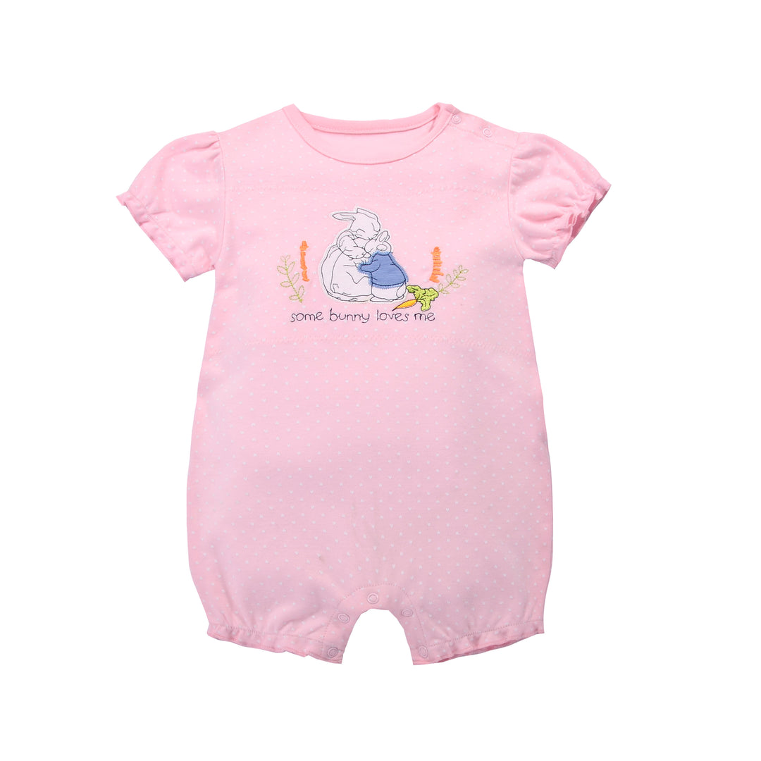 Baby Girl Romper Pink w Embroidered Rabbits - quixoticmuses