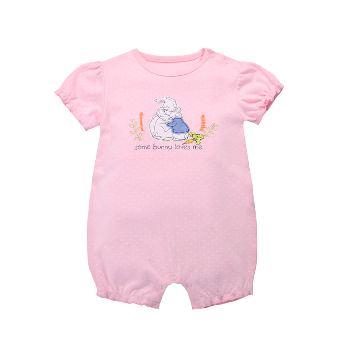 Baby Girl Romper Pink w Embroidered Rabbits - quixoticmuses