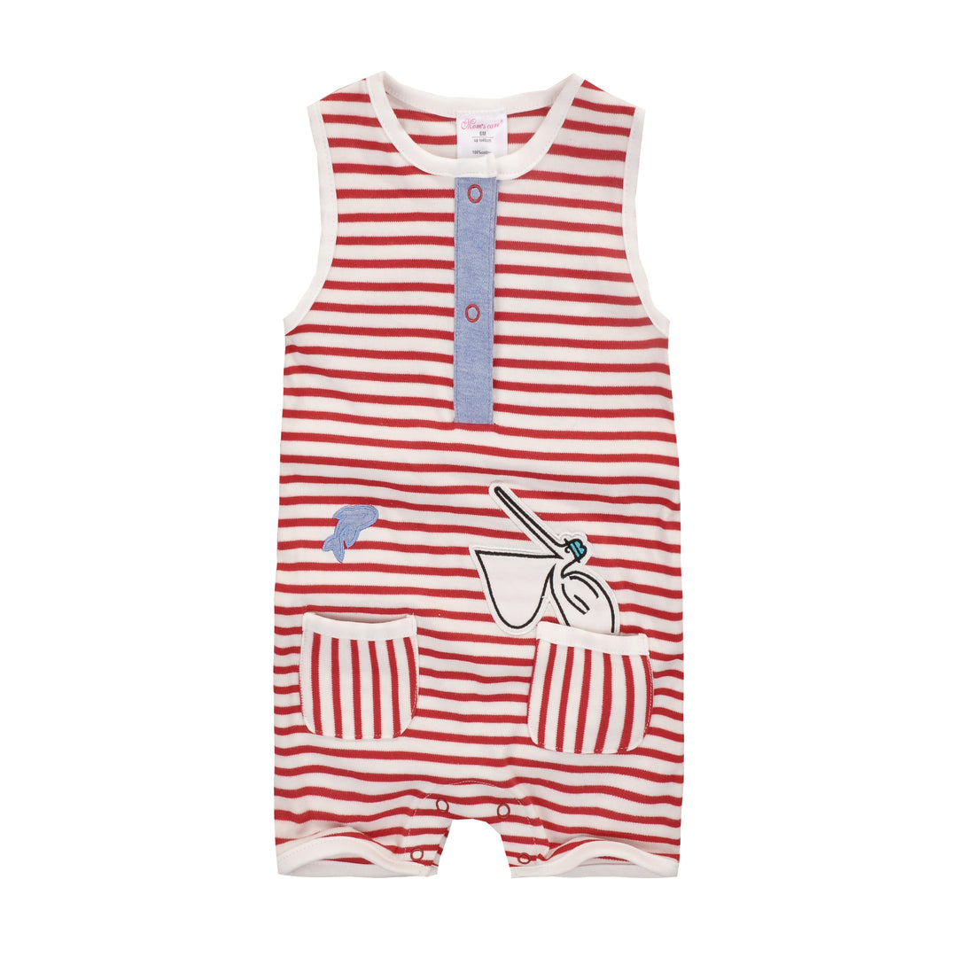 Baby Boy Sleeveless Red Stripe Romper w Embroidered Pelican Fish n Double Front Pockets - quixoticmuses