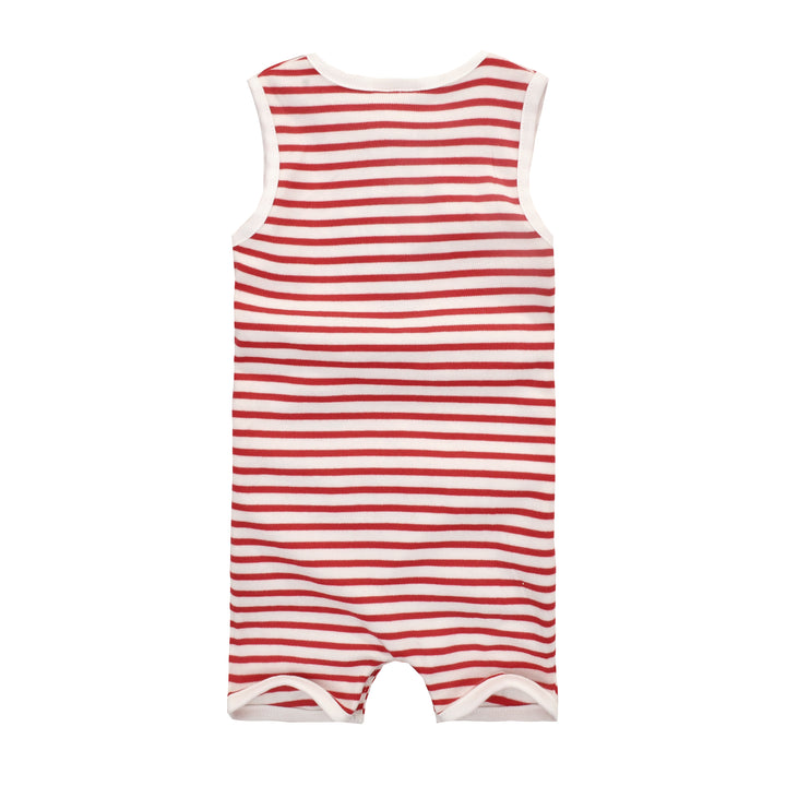 Baby Boy Sleeveless Red Stripe Romper w Embroidered Pelican Fish n Double Front Pockets - quixoticmuses