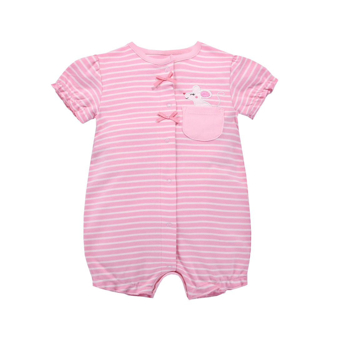 Baby Girl Romper Pink Stripes w Embroidered Little Mouse - quixoticmuses