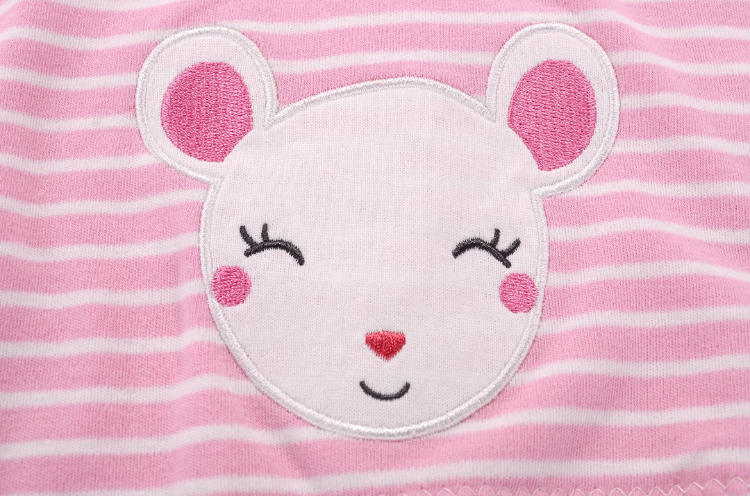 Baby Girl Romper Pink Stripes w Embroidered Little Mouse - quixoticmuses