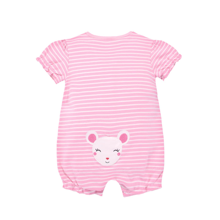 Baby Girl Romper Pink Stripes w Embroidered Little Mouse - quixoticmuses