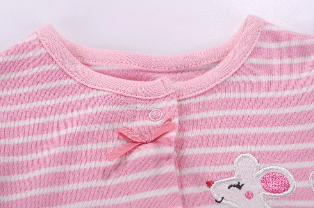 Baby Girl Romper Pink Stripes w Embroidered Little Mouse - quixoticmuses