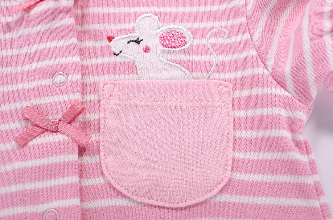 Baby Girl Romper Pink Stripes w Embroidered Little Mouse - quixoticmuses