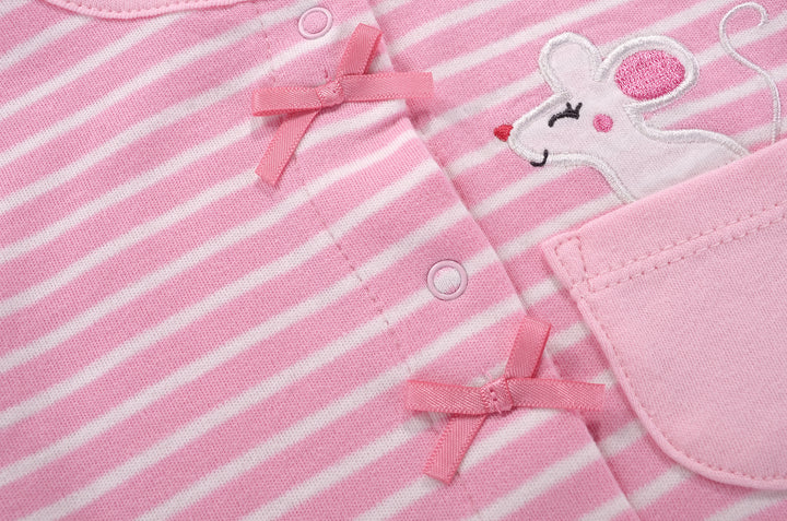 Baby Girl Romper Pink Stripes w Embroidered Little Mouse - quixoticmuses