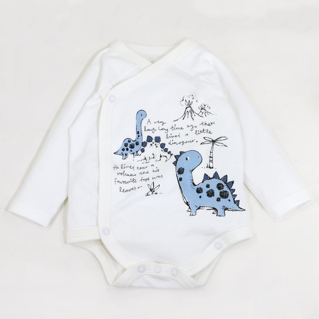 Baby White Dinosaur Long Sleeve Kimono Bodysuit n Stripe Pants Set Boneless Sewing - quixoticmuses