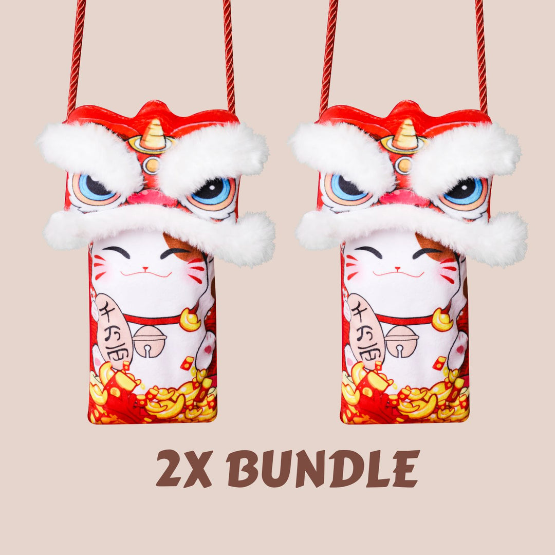 Baby Kids CNY Chinese New Year Ang Bao Red Velvet Envelope Sling Bag Fortune Cat w Dancing Lion - quixoticmuses