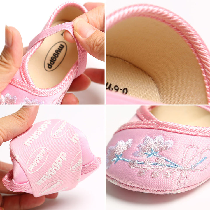 Baby Girl Chinese New Year Shoes Pink w Embroidered Flowers Cheongsam - quixoticmuses