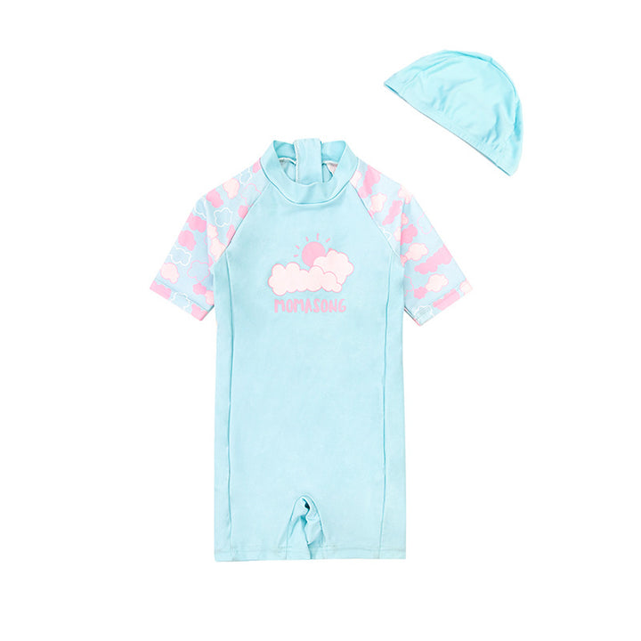 Baby Kids Girl's Pink Clouds One Piece Blue Swimming Suit n Free Cap 907026 - quixoticmuses