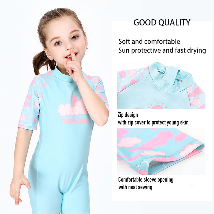 Baby Kids Girl's Pink Clouds One Piece Blue Swimming Suit n Free Cap 907026 - quixoticmuses