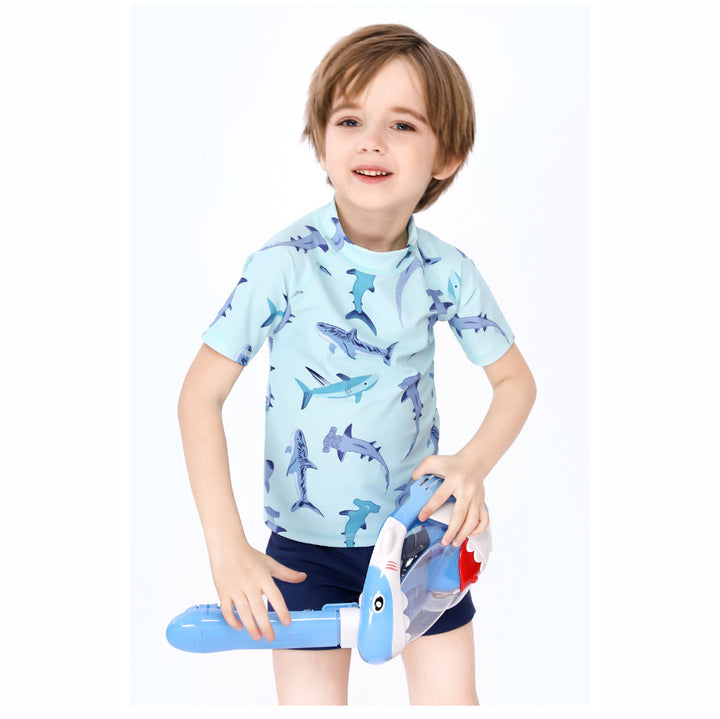 Baby Kids Boy's Shark Prints Short Sleeves Two Piece Swimming Suit Top Shorts n Free Cap 908041 - quixoticmuses