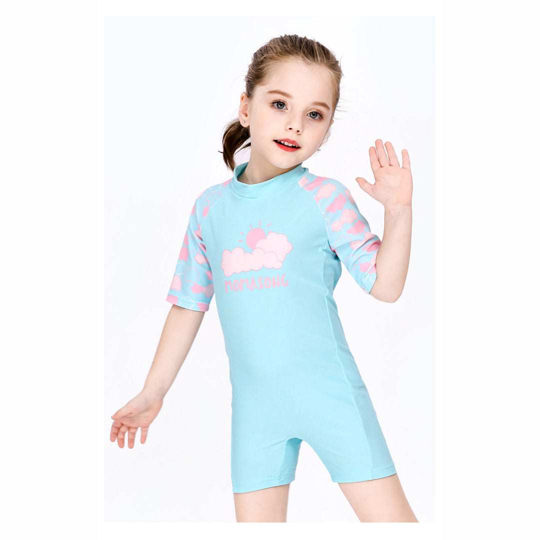 Baby Kids Girl's Pink Clouds One Piece Blue Swimming Suit n Free Cap 907026 - quixoticmuses