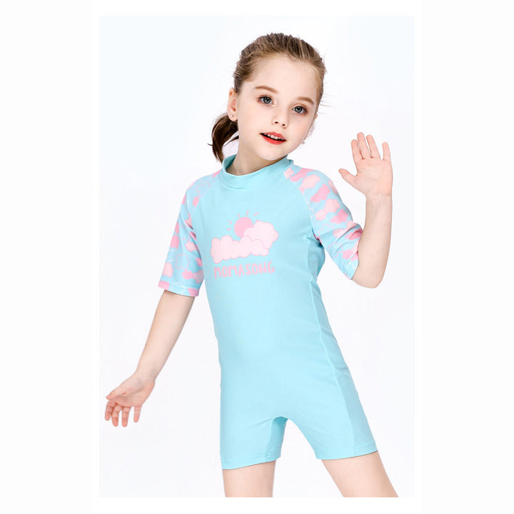 Baby Kids Girl's Pink Clouds One Piece Blue Swimming Suit n Free Cap 907026 - quixoticmuses