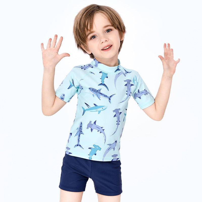 Baby Kids Boy's Shark Prints Short Sleeves Two Piece Swimming Suit Top Shorts n Free Cap 908041 - quixoticmuses