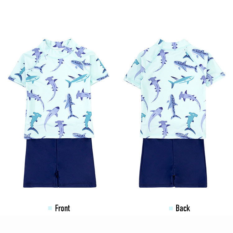 Baby Kids Boy's Shark Prints Short Sleeves Two Piece Swimming Suit Top Shorts n Free Cap 908041 - quixoticmuses