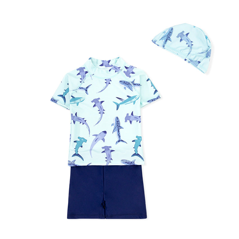 Baby Kids Boy's Shark Prints Short Sleeves Two Piece Swimming Suit Top Shorts n Free Cap 908041 - quixoticmuses