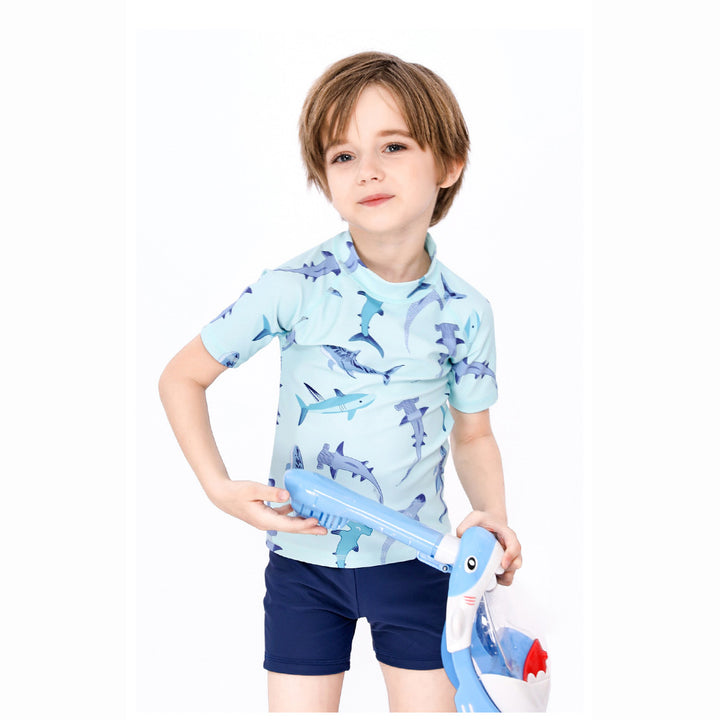 Baby Kids Boy's Shark Prints Short Sleeves Two Piece Swimming Suit Top Shorts n Free Cap 908041 - quixoticmuses