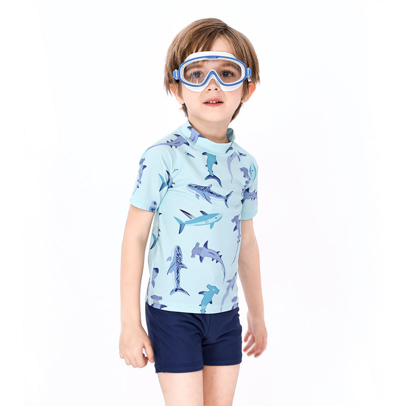 Baby Kids Boy's Shark Prints Short Sleeves Two Piece Swimming Suit Top Shorts n Free Cap 908041 - quixoticmuses