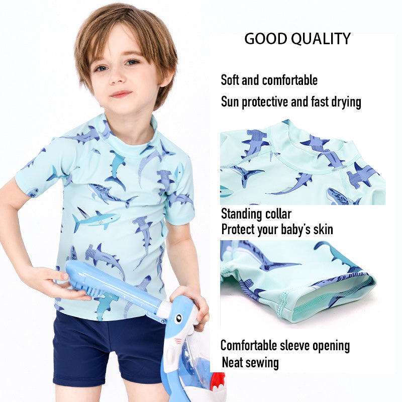 Baby Kids Boy's Shark Prints Short Sleeves Two Piece Swimming Suit Top Shorts n Free Cap 908041 - quixoticmuses