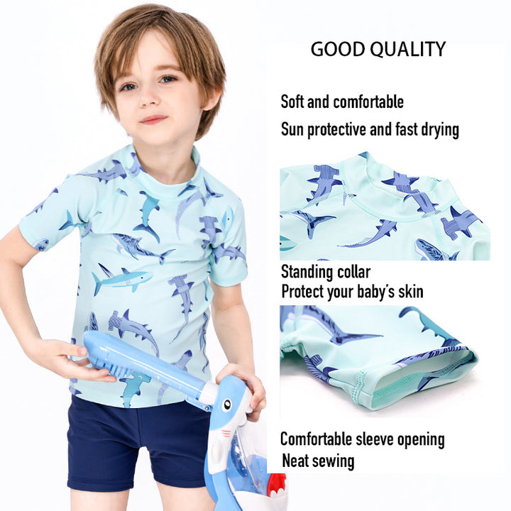 Baby Kids Boy's Shark Prints Short Sleeves Two Piece Swimming Suit Top Shorts n Free Cap 908041 - quixoticmuses