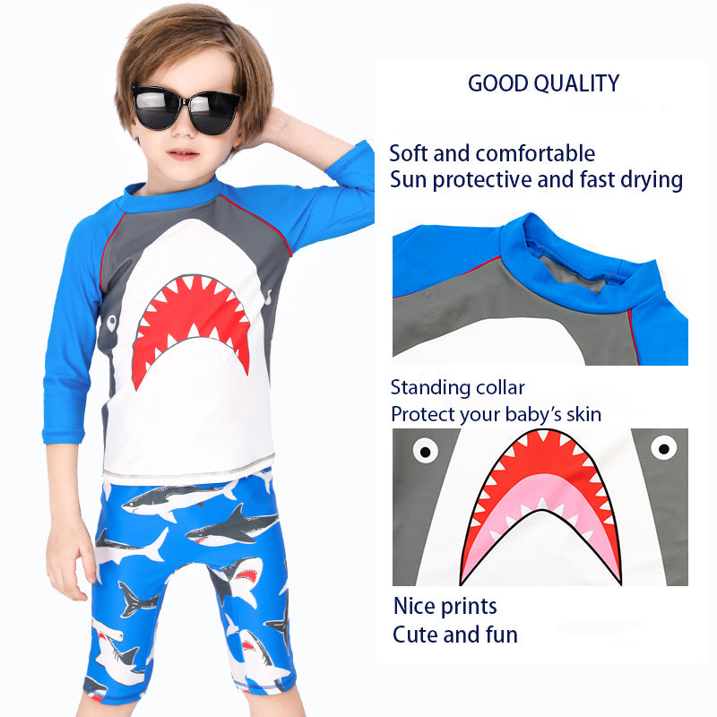 Baby Kids Boy's Big Mouth Shark Long Sleeves Two Piece Swimming Suit Top Shorts n Free Cap 908030 - quixoticmuses