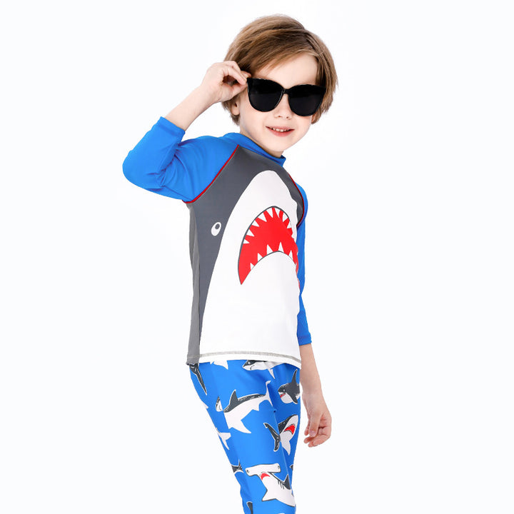 Baby Kids Boy's Big Mouth Shark Long Sleeves Two Piece Swimming Suit Top Shorts n Free Cap 908030 - quixoticmuses