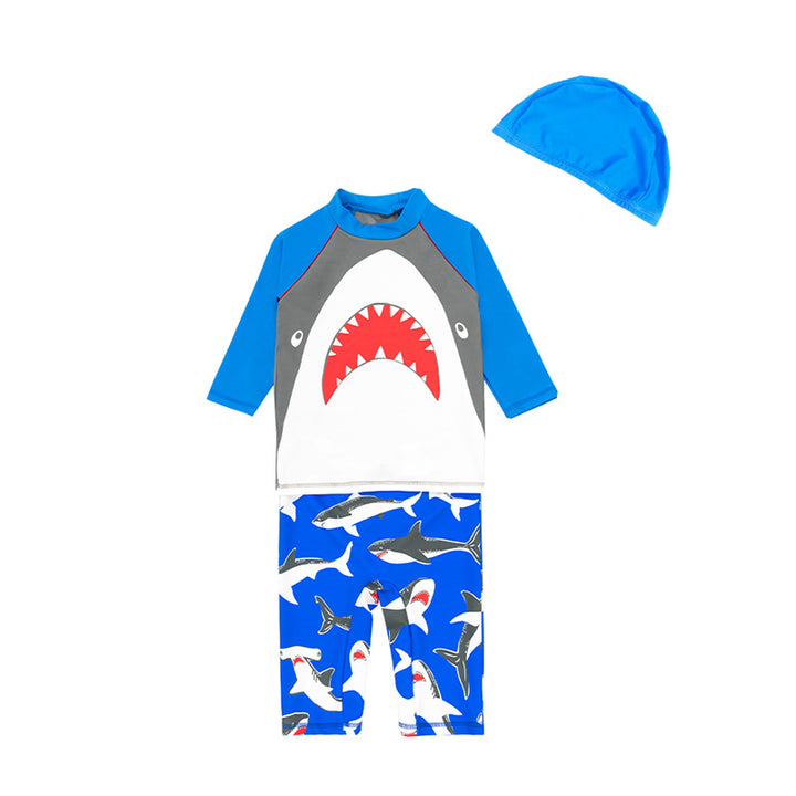 Baby Kids Boy's Big Mouth Shark Long Sleeves Two Piece Swimming Suit Top Shorts n Free Cap 908030 - quixoticmuses