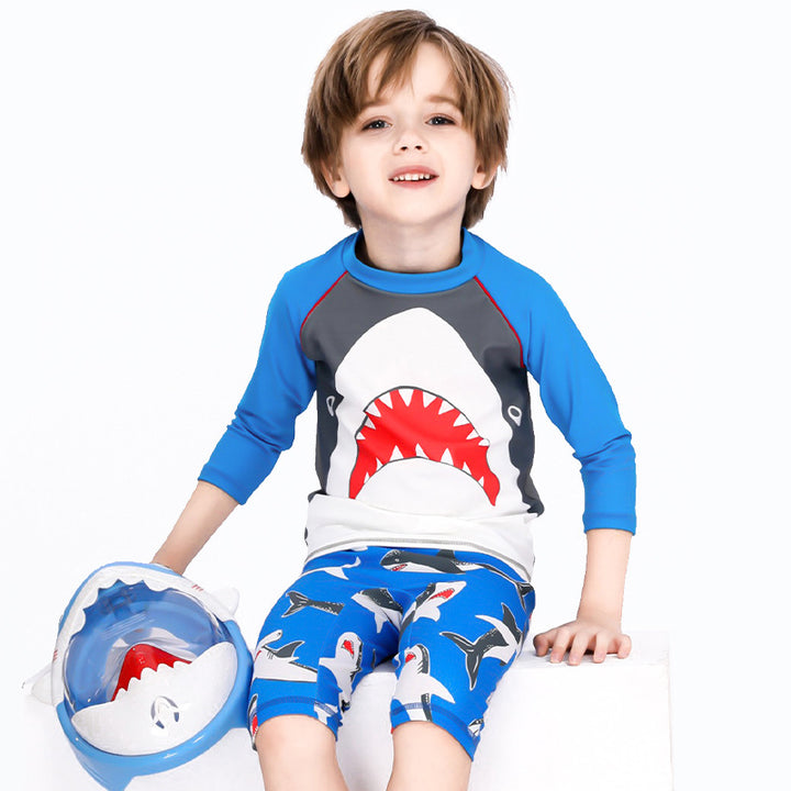 Baby Kids Boy's Big Mouth Shark Long Sleeves Two Piece Swimming Suit Top Shorts n Free Cap 908030 - quixoticmuses