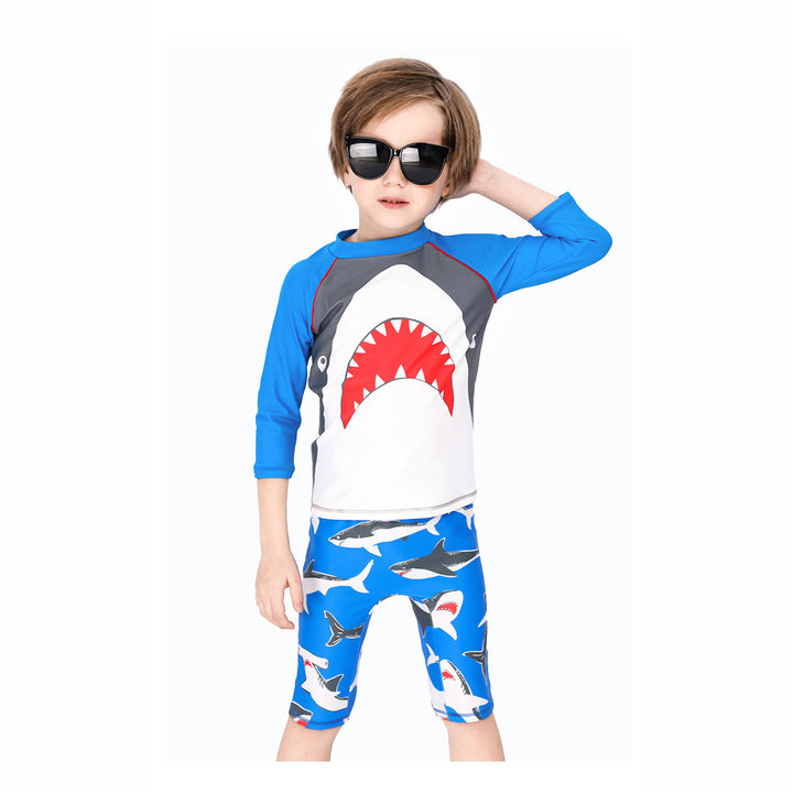 Baby Kids Boy's Big Mouth Shark Long Sleeves Two Piece Swimming Suit Top Shorts n Free Cap 908030 - quixoticmuses