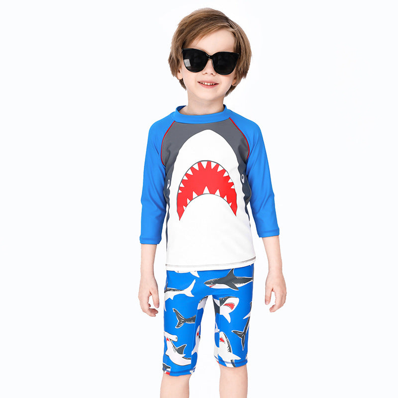 Baby Kids Boy's Big Mouth Shark Long Sleeves Two Piece Swimming Suit Top Shorts n Free Cap 908030 - quixoticmuses